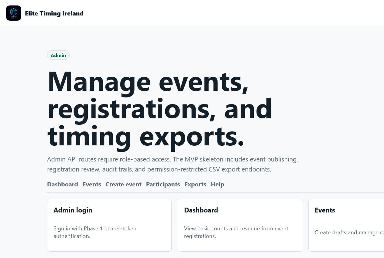 Admin home page showing available operator sections.