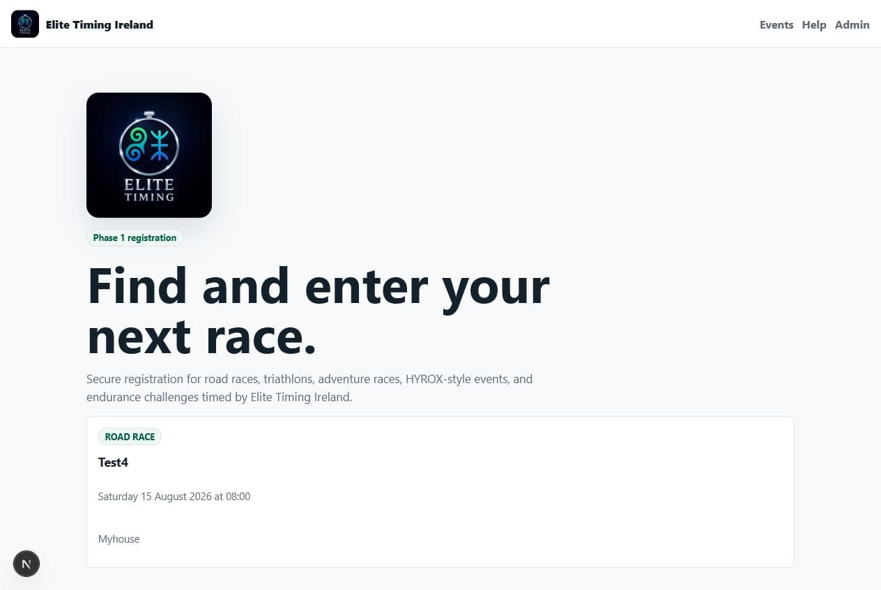 Public events page showing the Elite Timing event list.