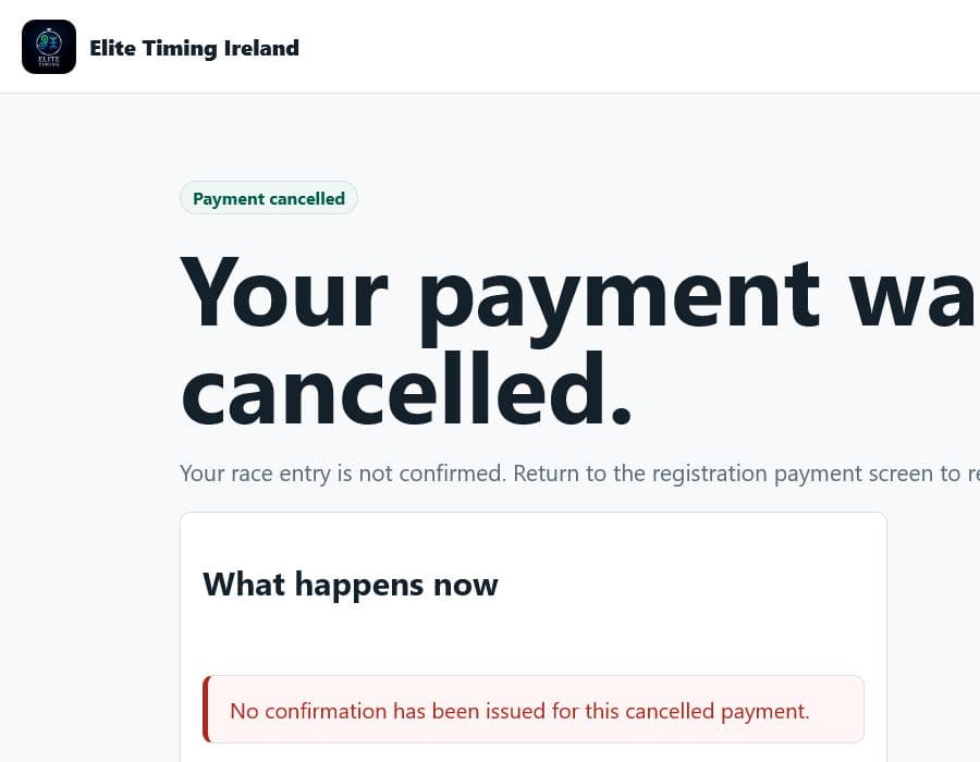Payment return page showing cancelled or pending payment guidance.